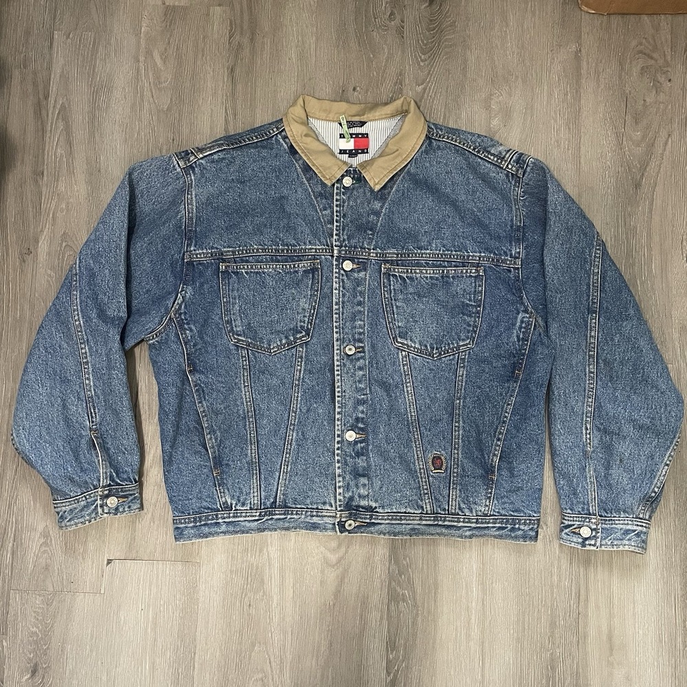 Tommy Hilfiger XL Denim Jacket Khaki Collar Vintage Crest Mens Jean Y2K Grunge